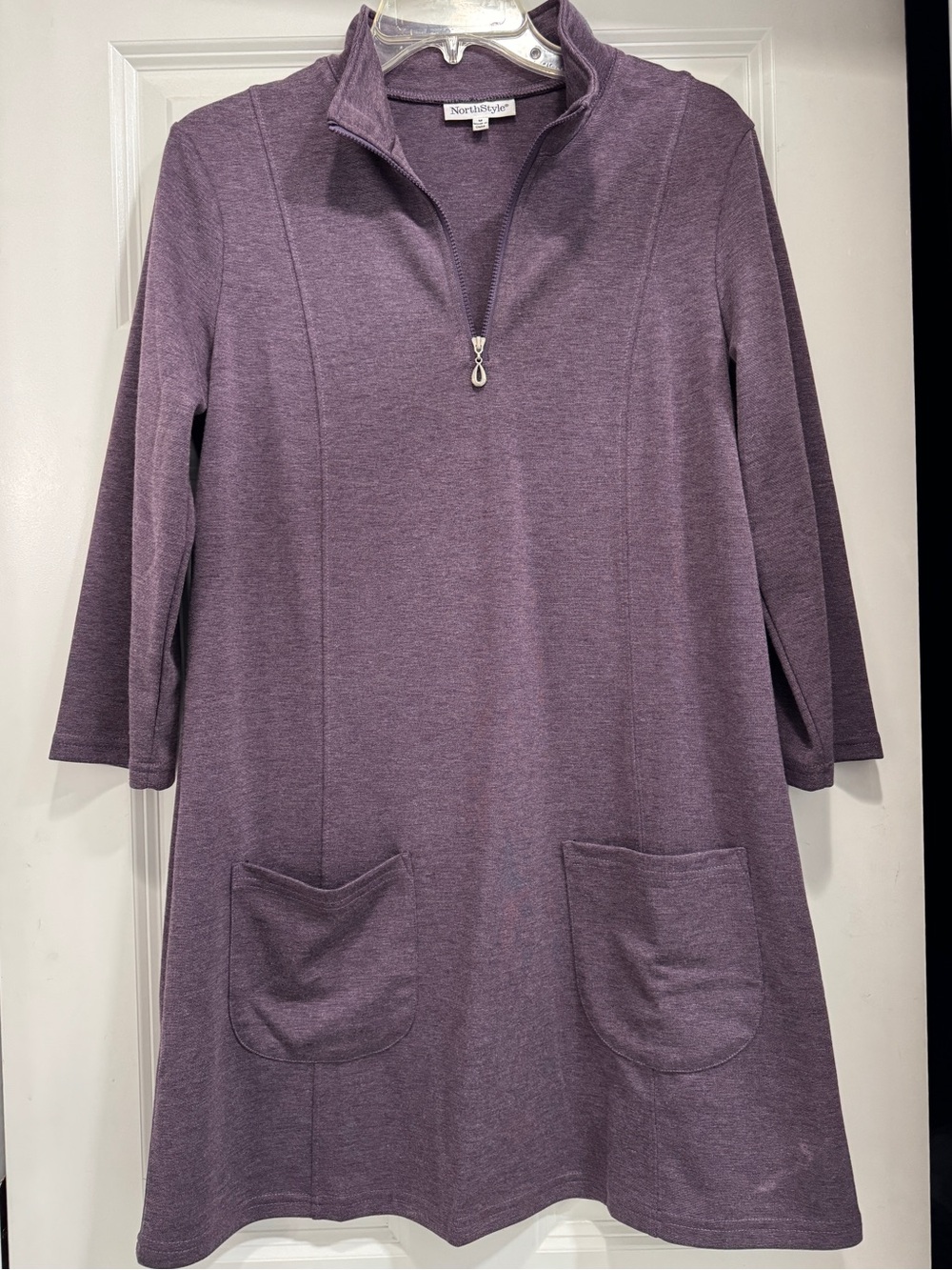 NorthStyle Plum-Purple 3/4sleeve A-Line Zip Dress; lagenlook gropcore pullover